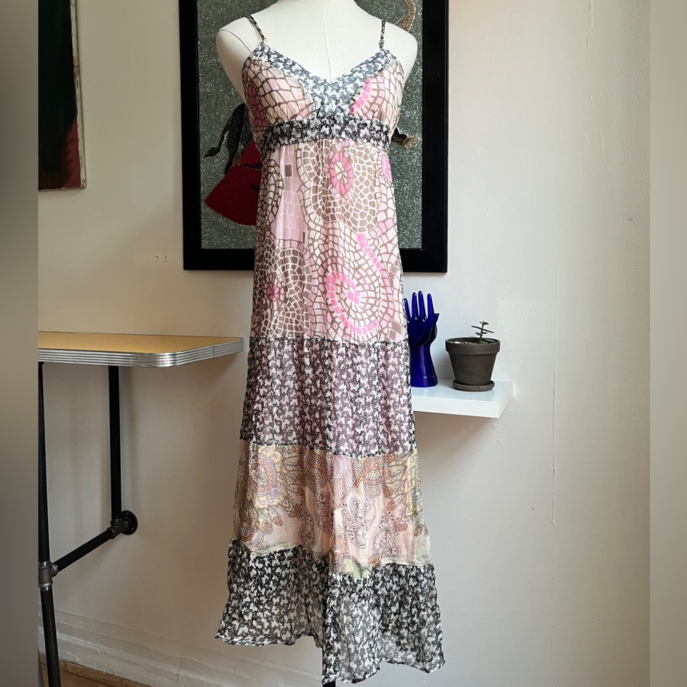 Y2K Patchwork Slip Maxi Dress | Boho Tiered Chiffon | Urban Outfitters | M